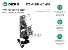 фара !левая прямоуг/кругл.разъем H7 с ручн коррекц Volvo FH/FM 02-> Depo арт. 7731125LLDEN
