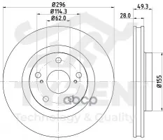 Диск тормозной, передний Toyota Camry (V40, V50) 06>, RAV4 III, IV 05> Geely Emgrand X7 (NL-1) 11> TYREN арт. TYR1022451