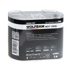 ЛАМПА 12V H4 60/55W P43T WOLFRAM NIGHT VISION +150% EXTRA LIGHT + 20% WHITER 2 Ш WOLFRAM арт. 22144NV